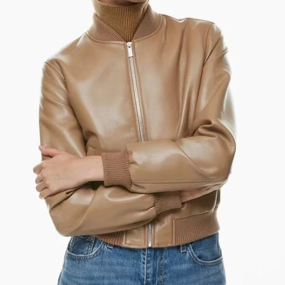 Babaton Aritzia Leibovitz Bomber Vegan Leather Jacket Constant Camel Brown - Picture 1 of 12